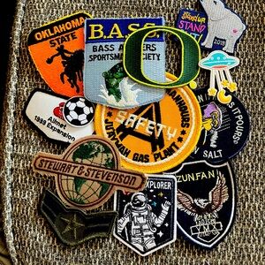 Lot of 75 PATCHES; new & old; embroidered & sequin; sew & iron on; mixed themes